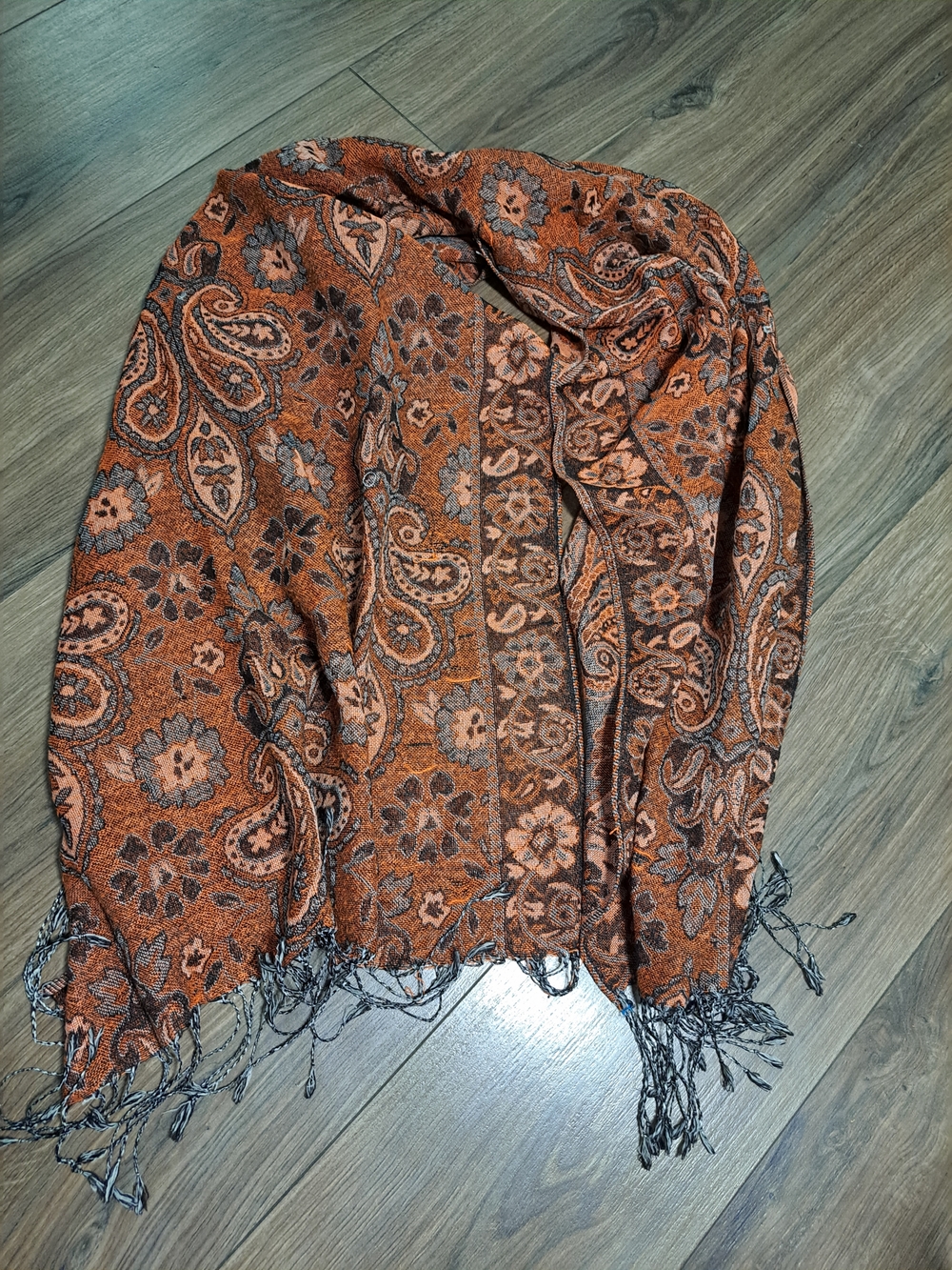 Source Unknown Orange Paisley Floral Fringe Scarf Wrap